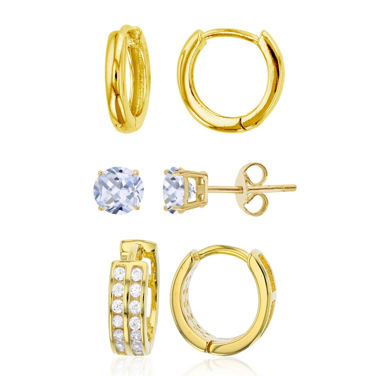 Sterling Silver Yellow High Polished, Paved Huggie and Solitaire Stud Earring Set