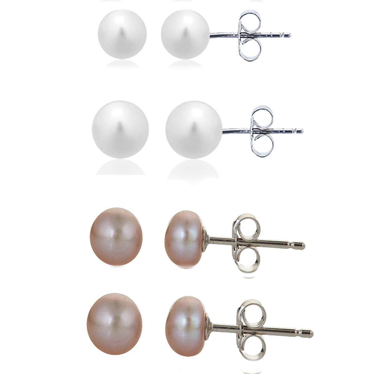 Sterling Silver Rhodium 5-6;6-7;5-6;6-7 Round Pearl Stud Earring Set