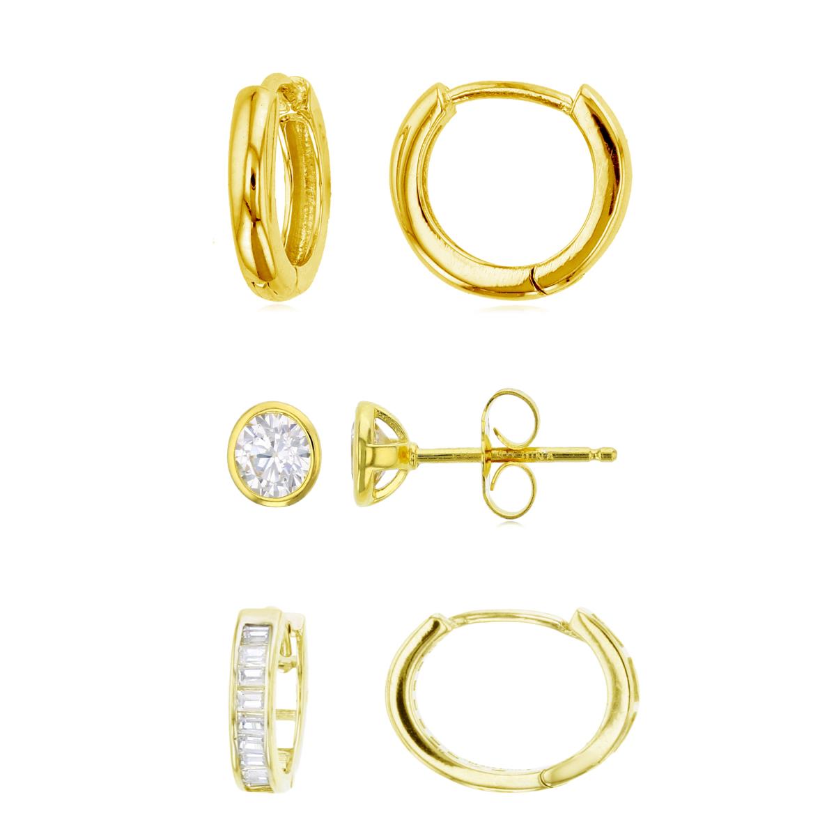 Sterling Silver Yellow High Polished, CZ Huggie & Solitaire Stud Earring Set