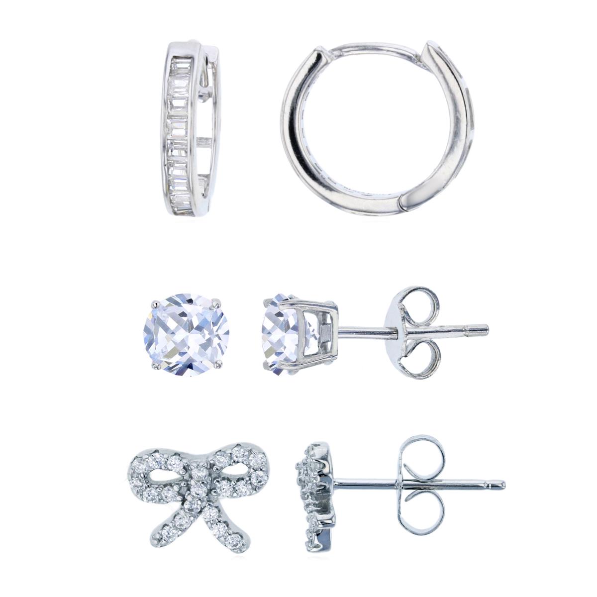 Sterling Silver Rhodium Bow, Solitaire Stud and Huggie Earring Set