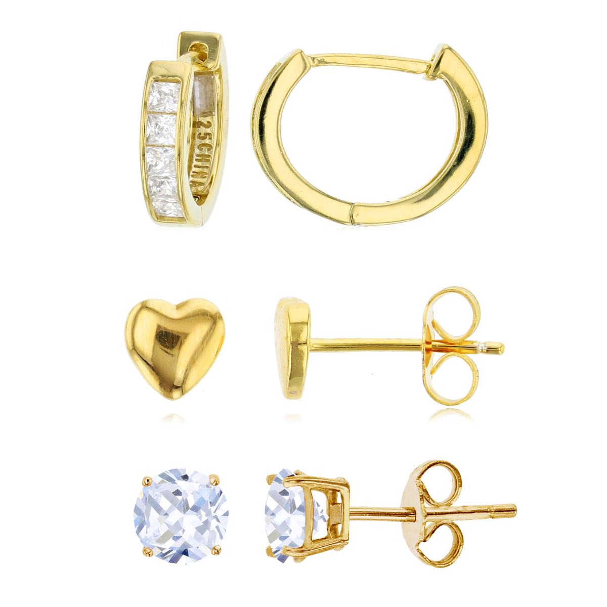 Sterling Silver Yellow High Polish Heart, Solitaire Stud and Huggie Earring Set