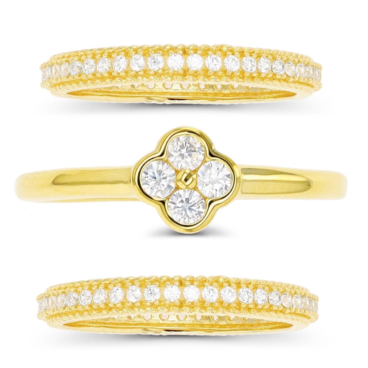 Sterling Silver Yellow Flower and Double Groove Thin Eternity Ring Set of 3
