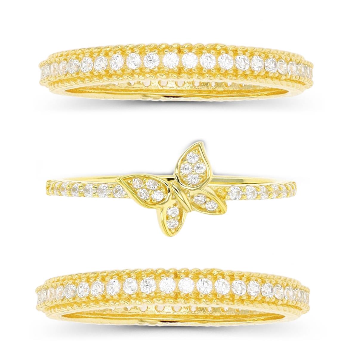 Sterling Silver Yellow Butterfly and Double Groove Thin Eternity Ring Set of 3