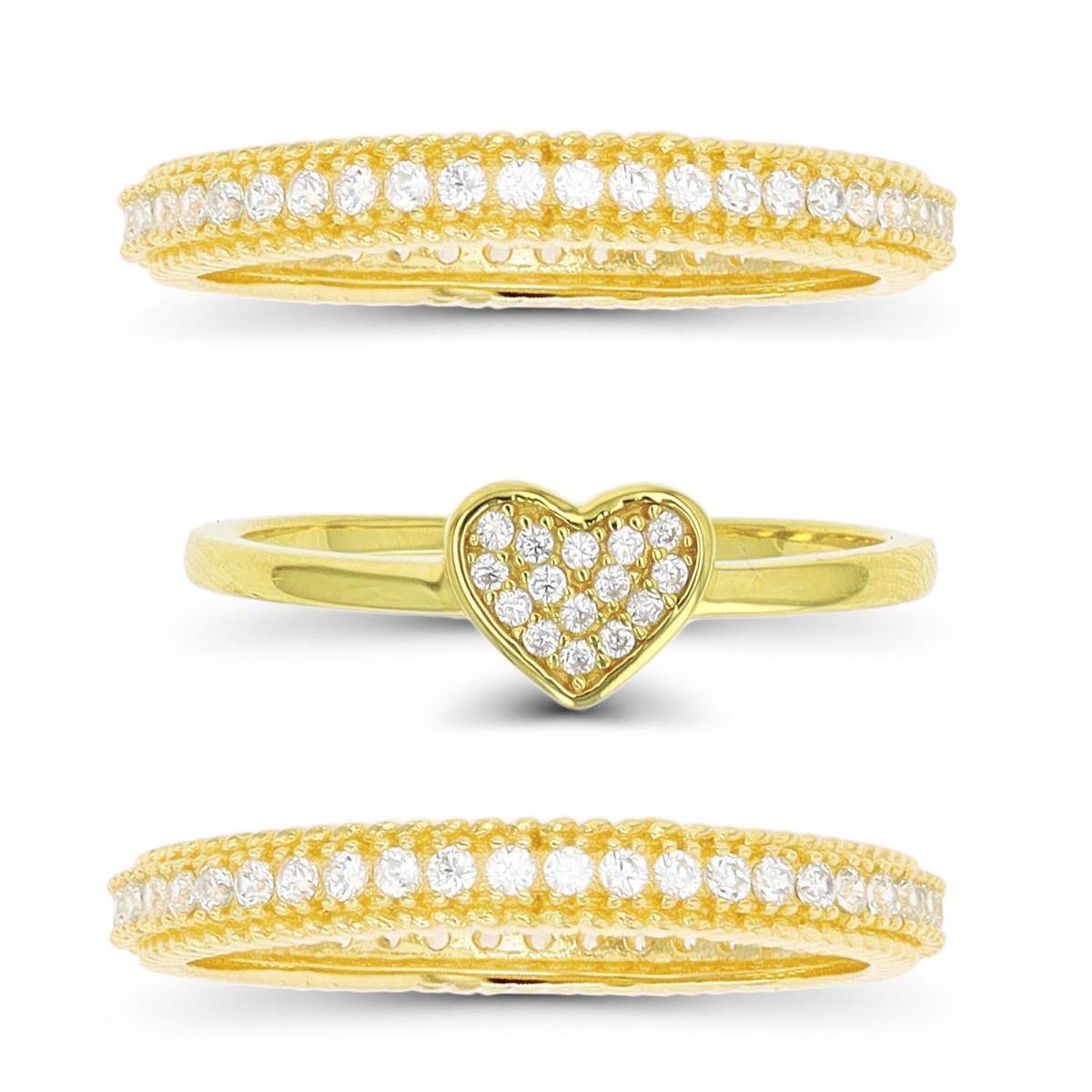 Sterling Silver Yellow Heart and Double Groove Thin Eternity Ring Set of 3