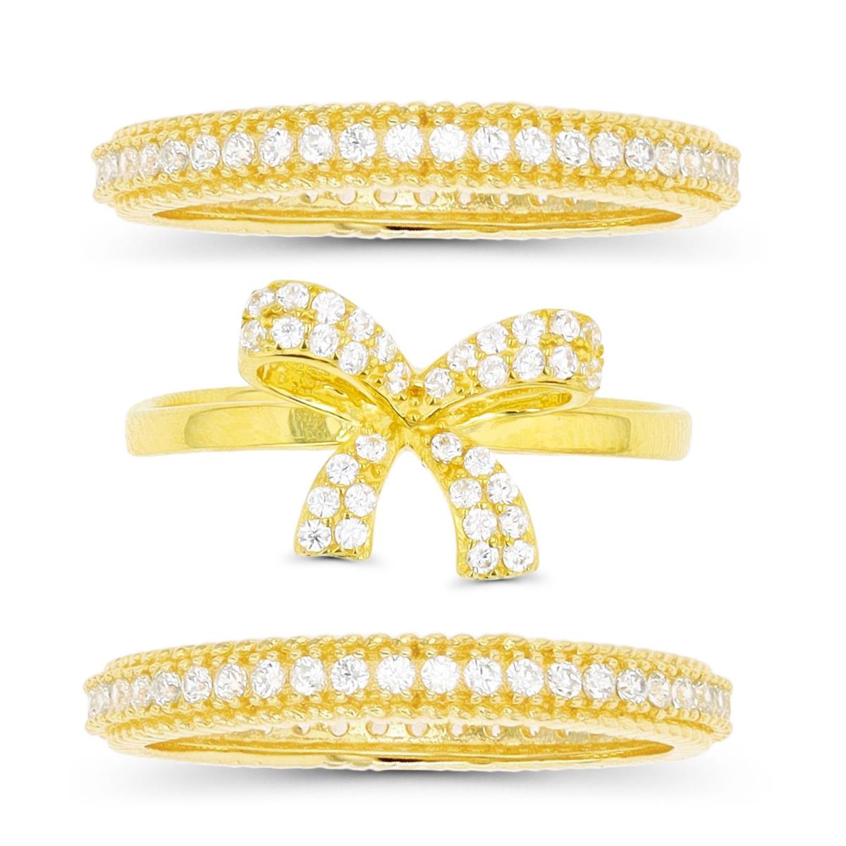 Sterling Silver Yellow Bow and Double Groove Thin Eternity Ring Set of 3