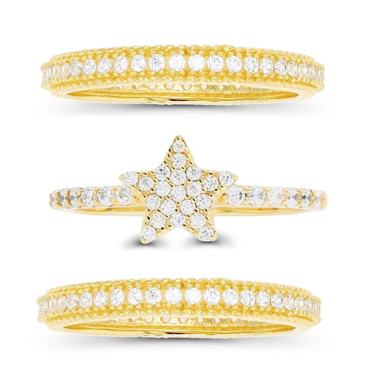 Sterling Silver Yellow Star and Double Groove Thin Eternity Ring Set of 3