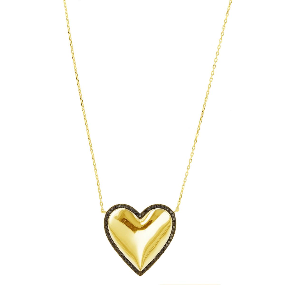 Sterling Silver Yellow & Black 26X25MM Polished Heart Halo Black Spinel 16+2" Necklace