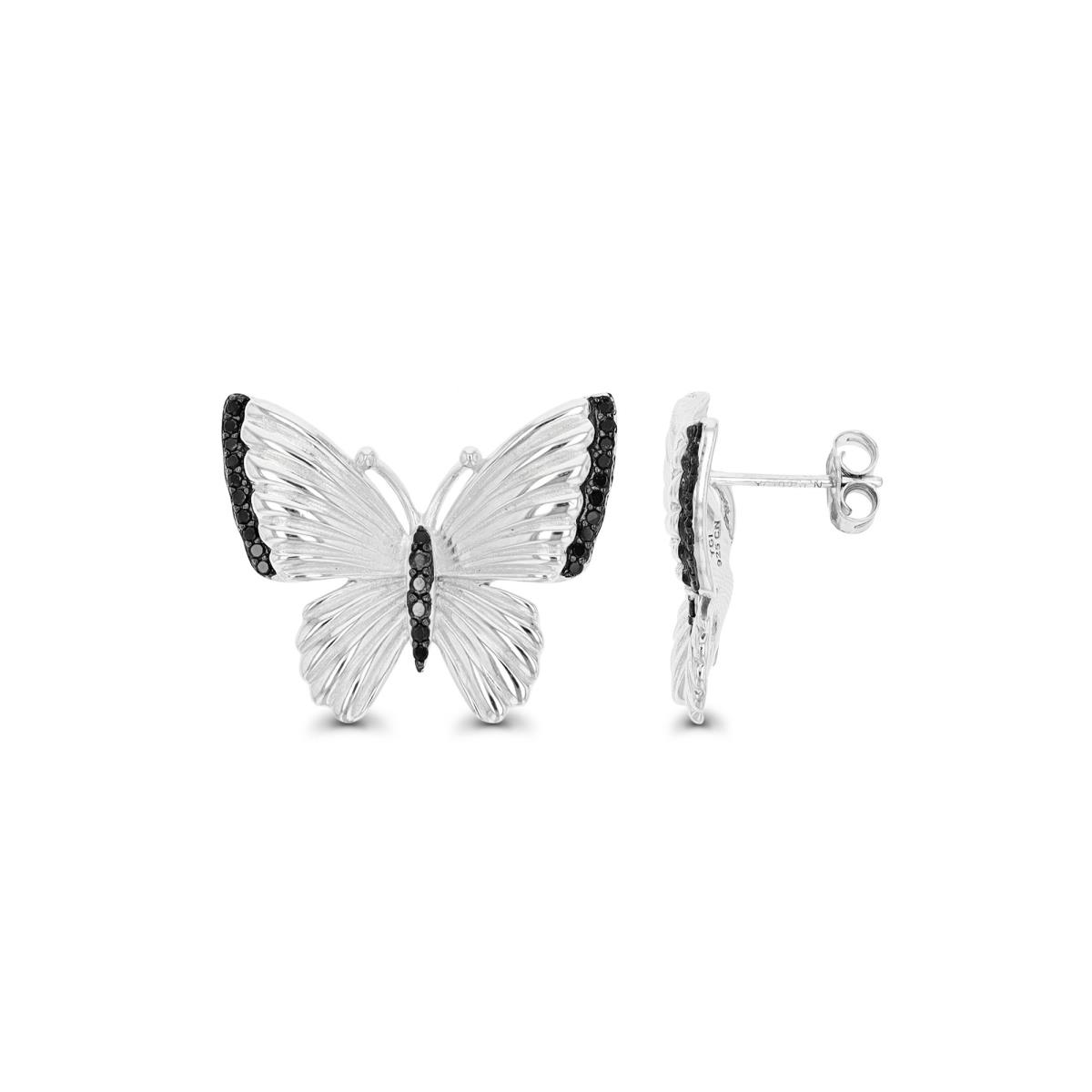 Sterling Silver Rhodium & Black Textured Buttefly Black Spinel Stud Earring