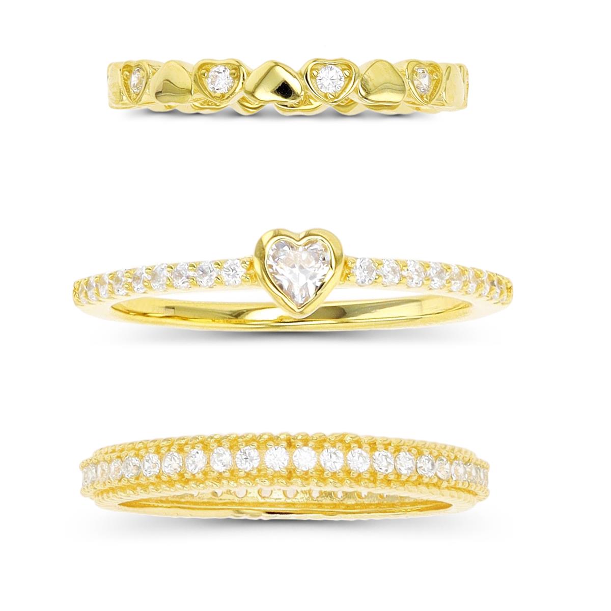 Sterling Silver Yellow Groove and Heart Ring Set of 3