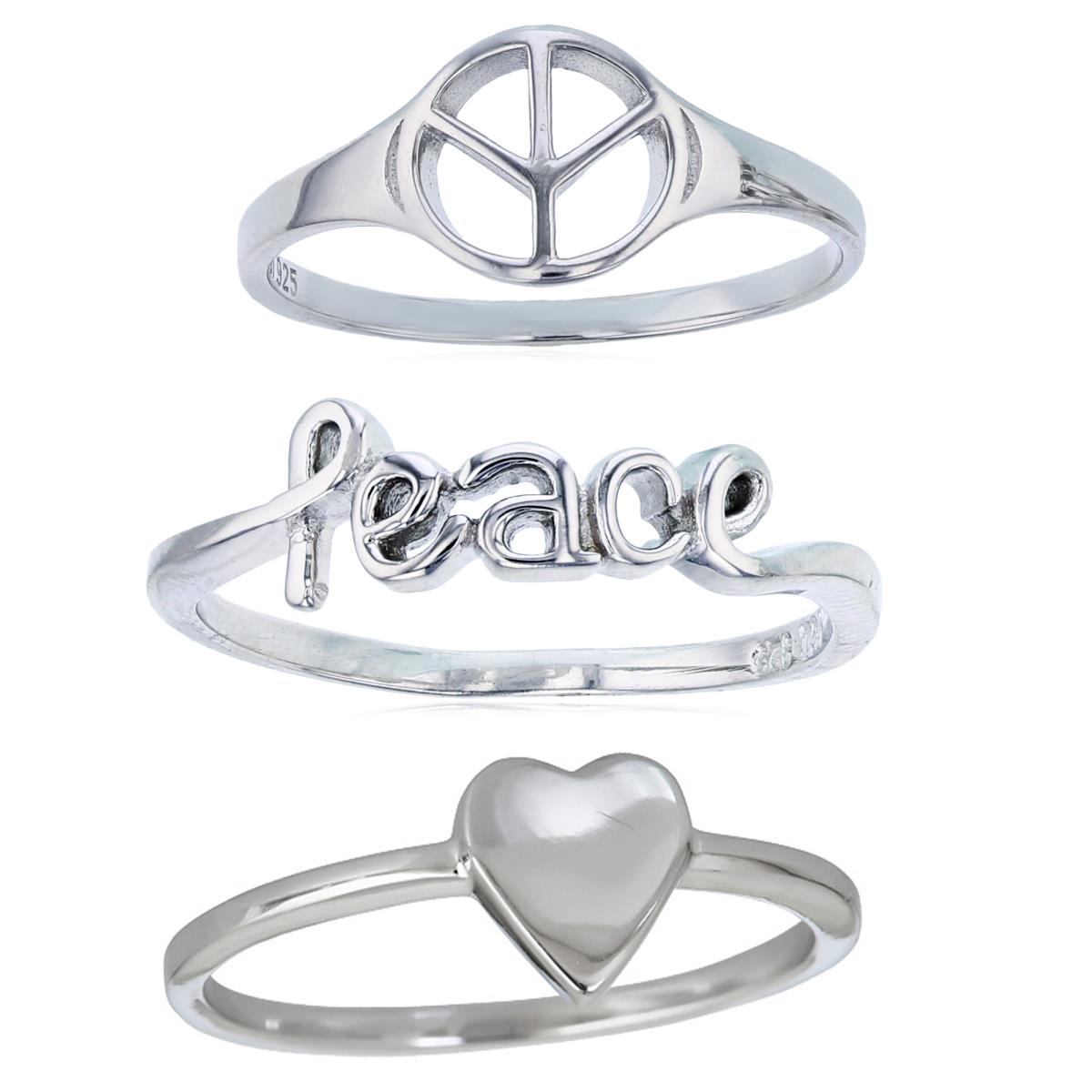 Sterling Silver Rhodium Script Peace, Peace Sign and Heart Ring Set of 3