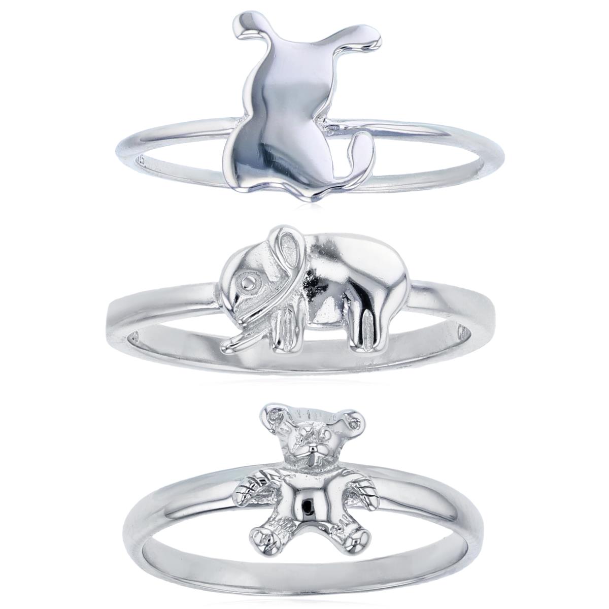 Sterling Silver Bunny, Elephant and Teddy Bear Ring Set of 3