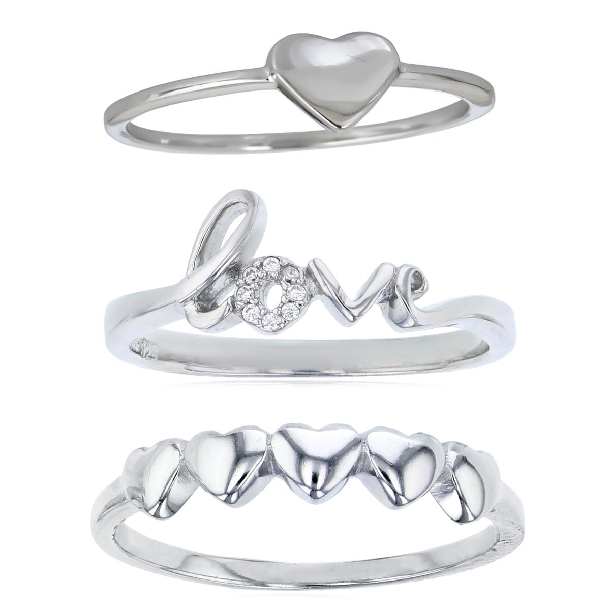 Sterling Silver Rhodium Heart, Love and Row of Hearts Ring Set of 3
