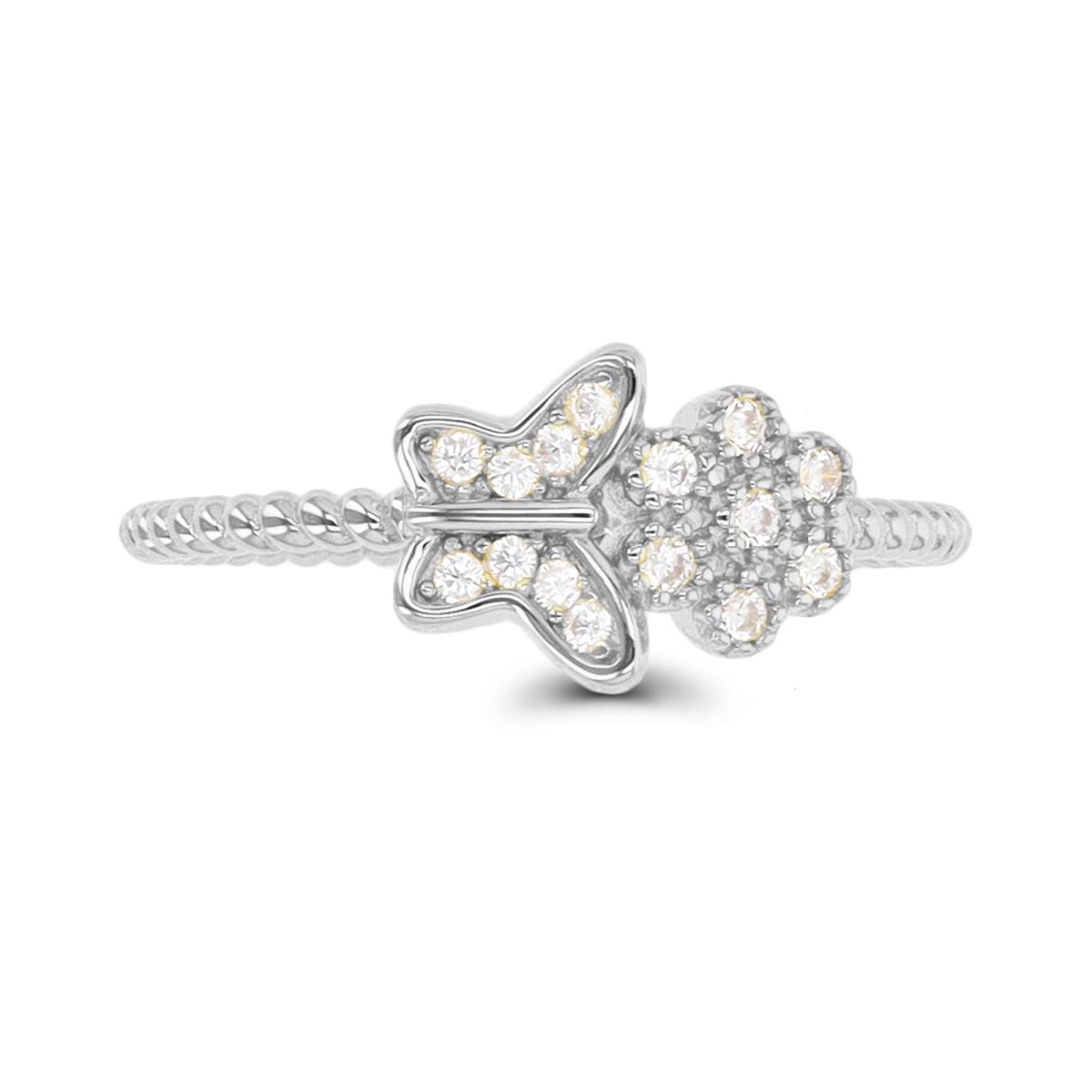 Sterling Silver Rhodium CZ Butterfly & Flower 8.1mm Polished  Ring