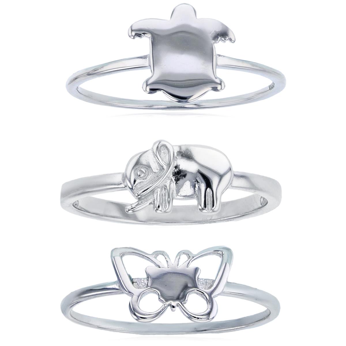 Sterling Silver Turtle, Elephant and Butterfly Ring Set of 3