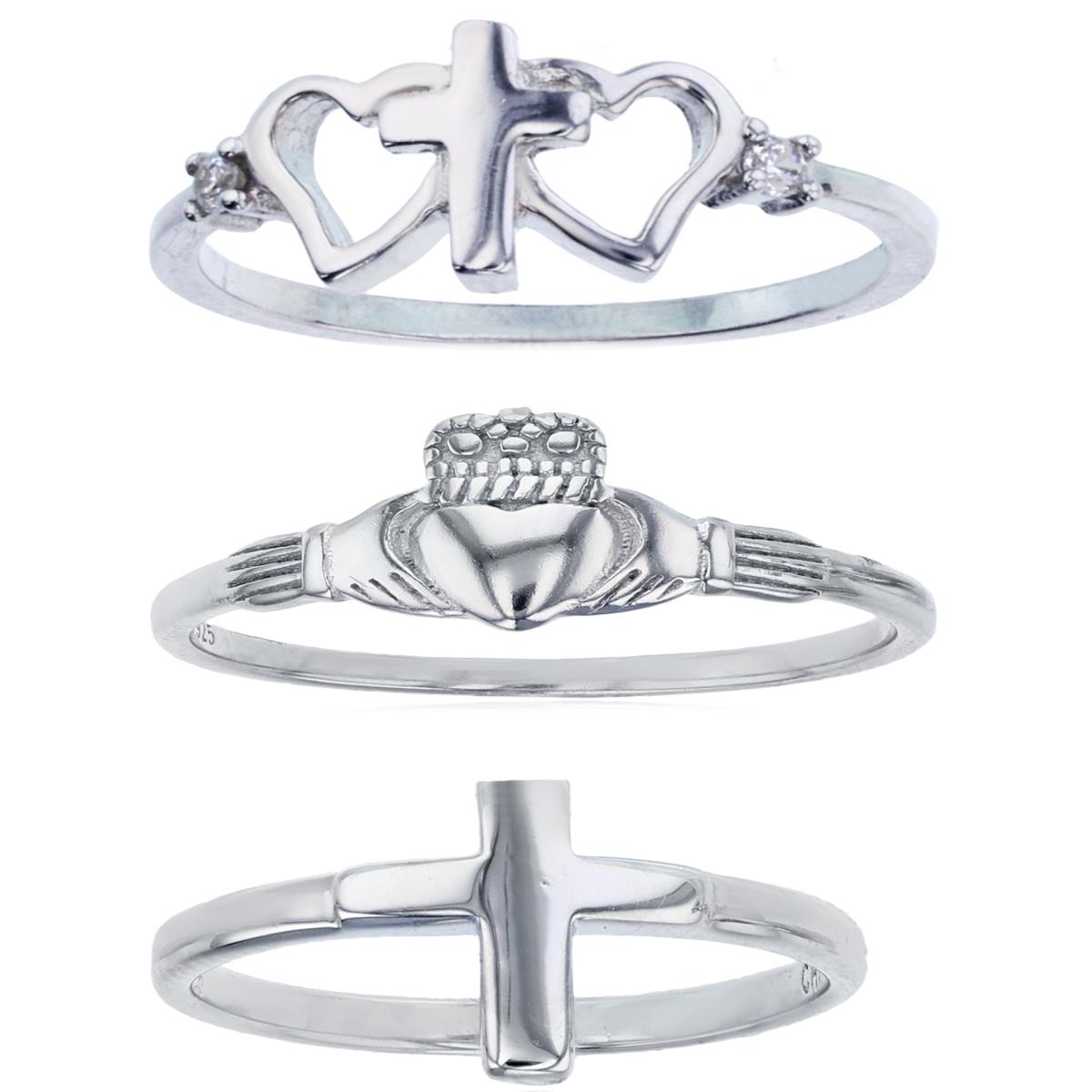 Sterling Silver  Rhodium Cross Heart, Cross and Claddagh Ring Set of 3