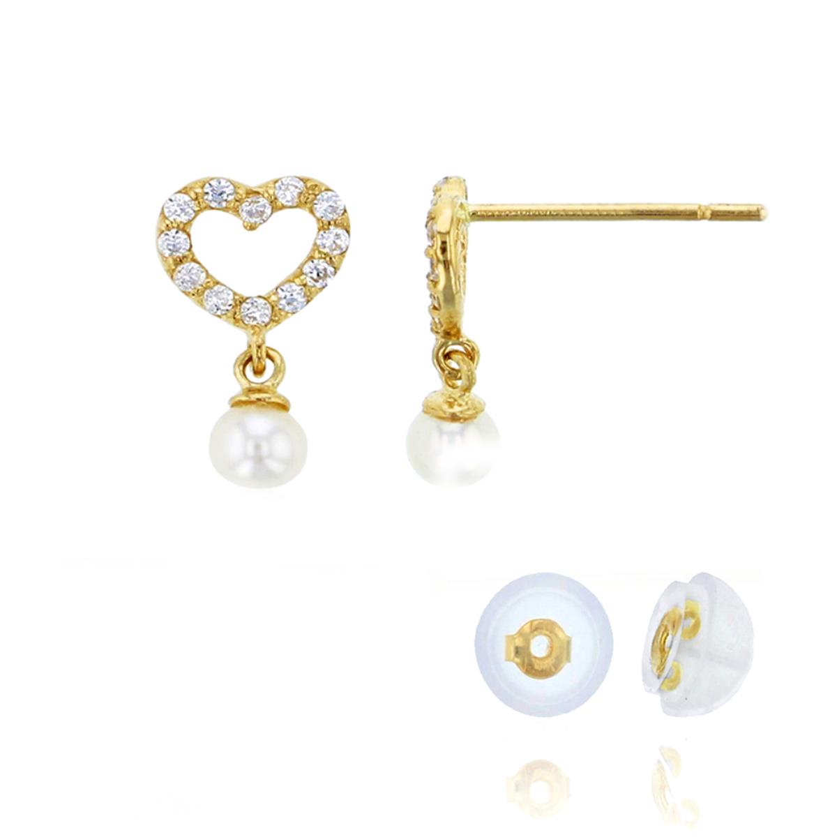 14K Yellow Gold Pave Created White Sapphire Open Heart with 3mm Fresh Water Pearl Drop Earring with 4.5mm Clutch