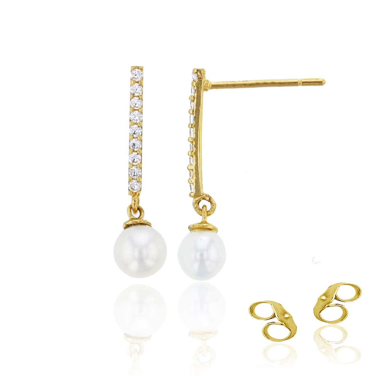 14K Yellow Gold Pave Dangling 4mm Fresh Water Pearl & Cr. White Sapphire Drop Earring with 4.5mm Clutch