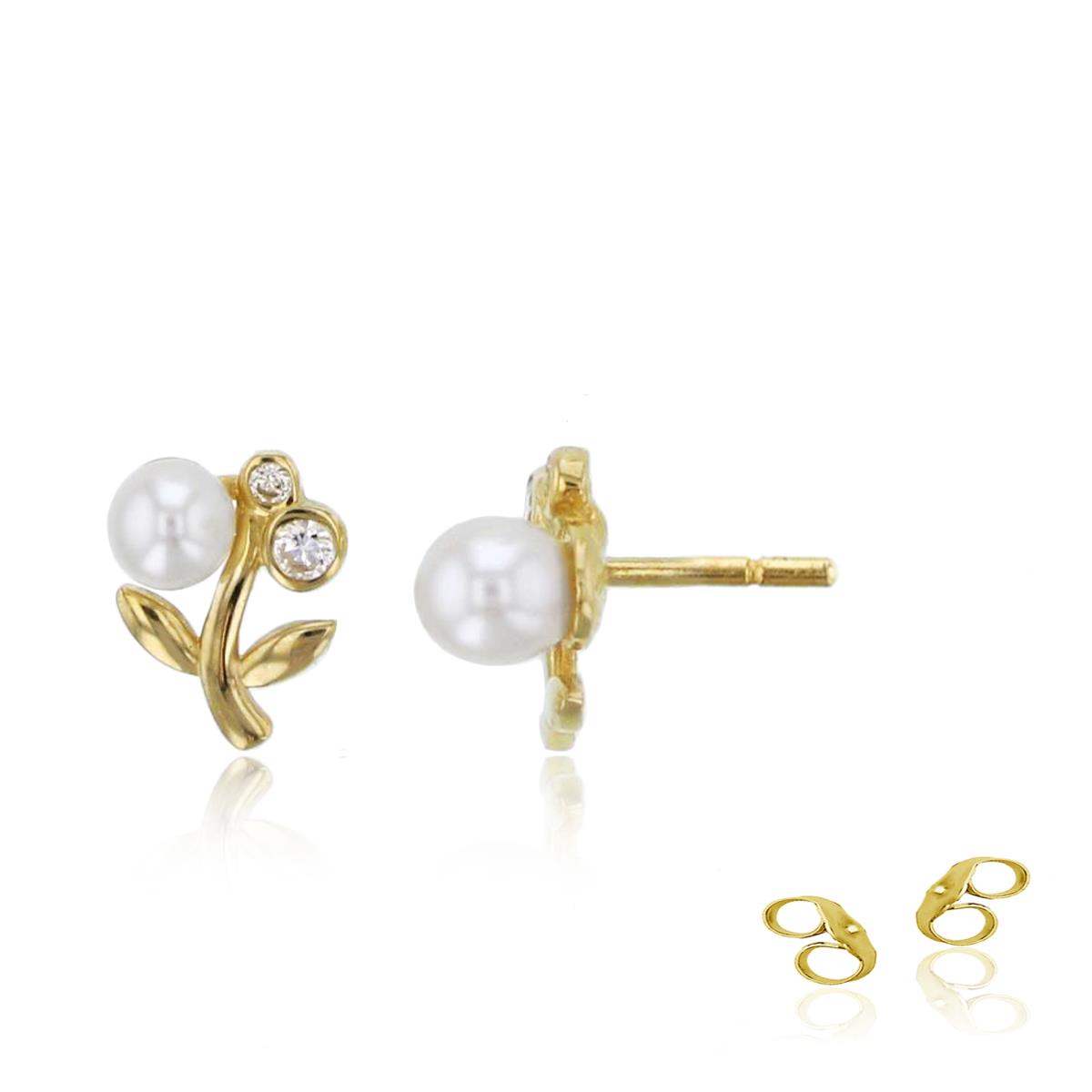 14K Yellow Gold Rnd Cr. White Sapphire & Fresh Water Pearl Cherry Studs with 4.5mm Clutch