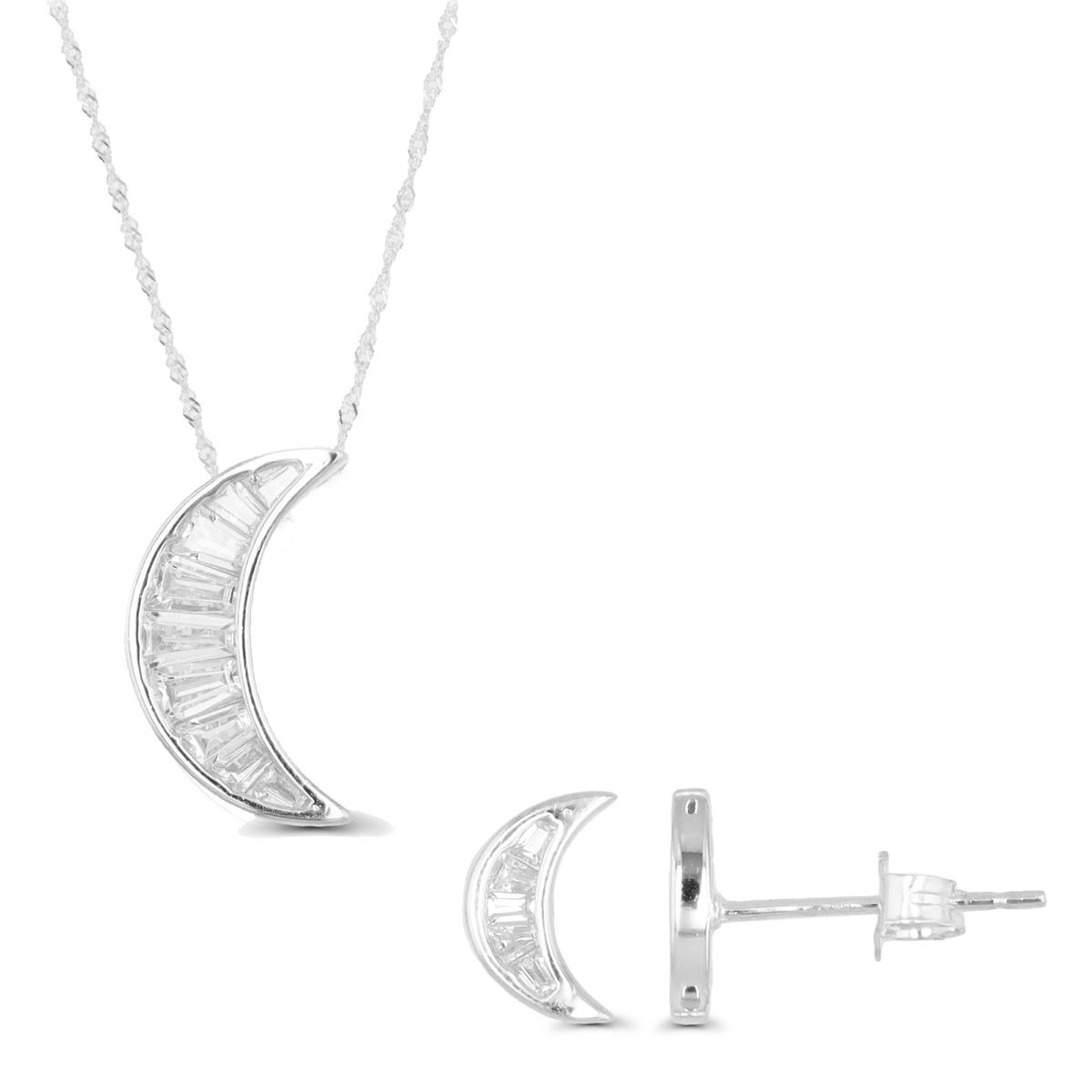 Sterling Silver Rhodium Moon White CZ 18"+2" Singapore Necklace & Earring Set