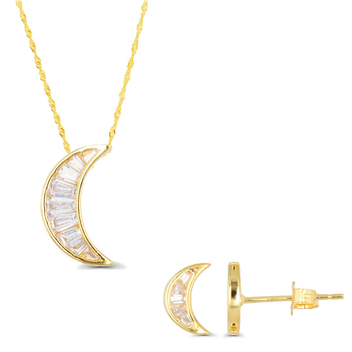 Sterling Silver Yellow 1-Micron Moon White CZ 18"+2" Singapore Necklace & Earring Set