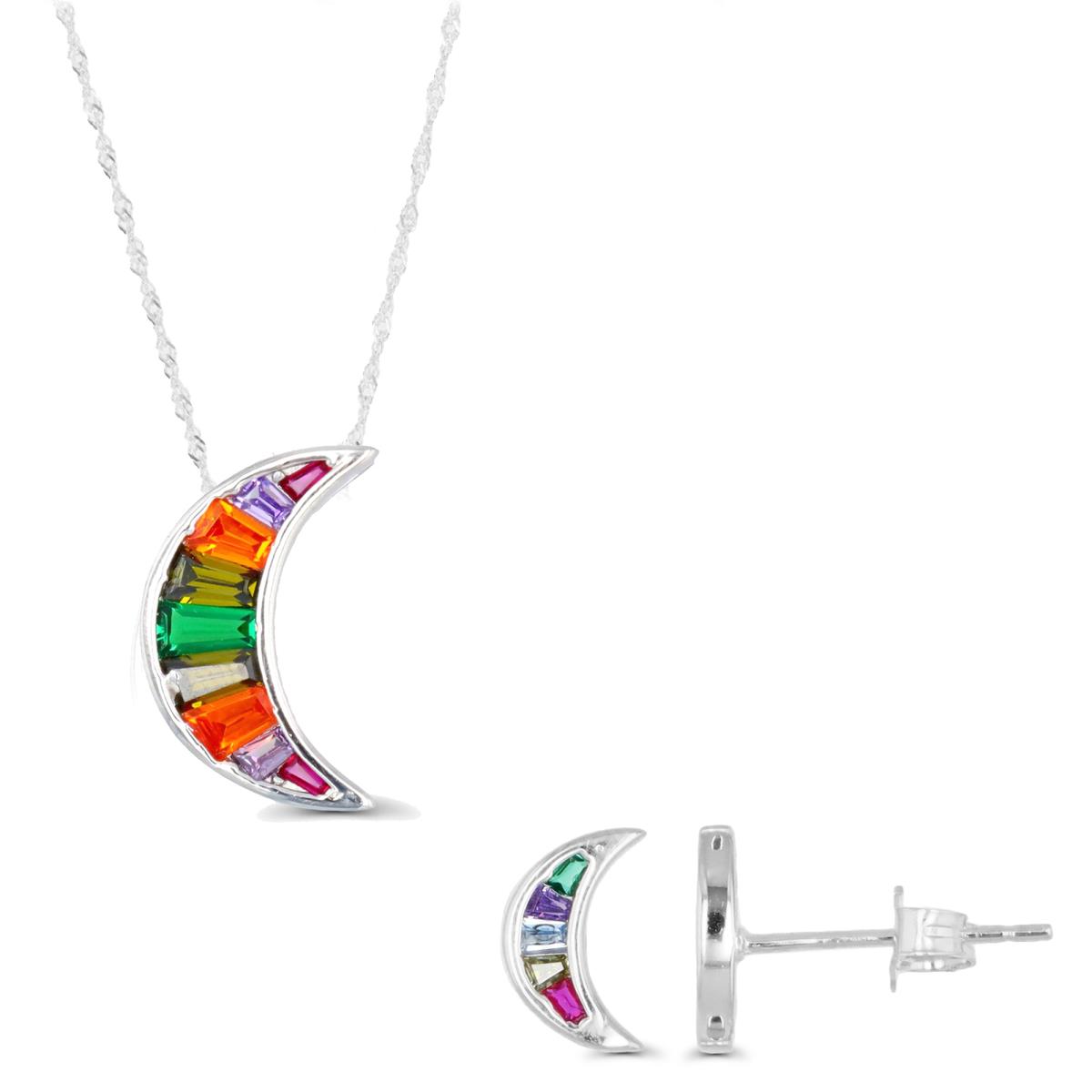 Sterling Silver Rhodium Moon Multicolor CZ 18"+2" Singapore Necklace & Earring Set