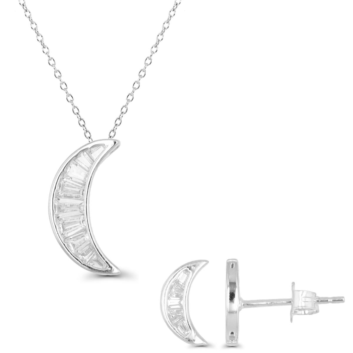Sterling Silver Rhodium Moon White CZ 18" Necklace & Earring Set