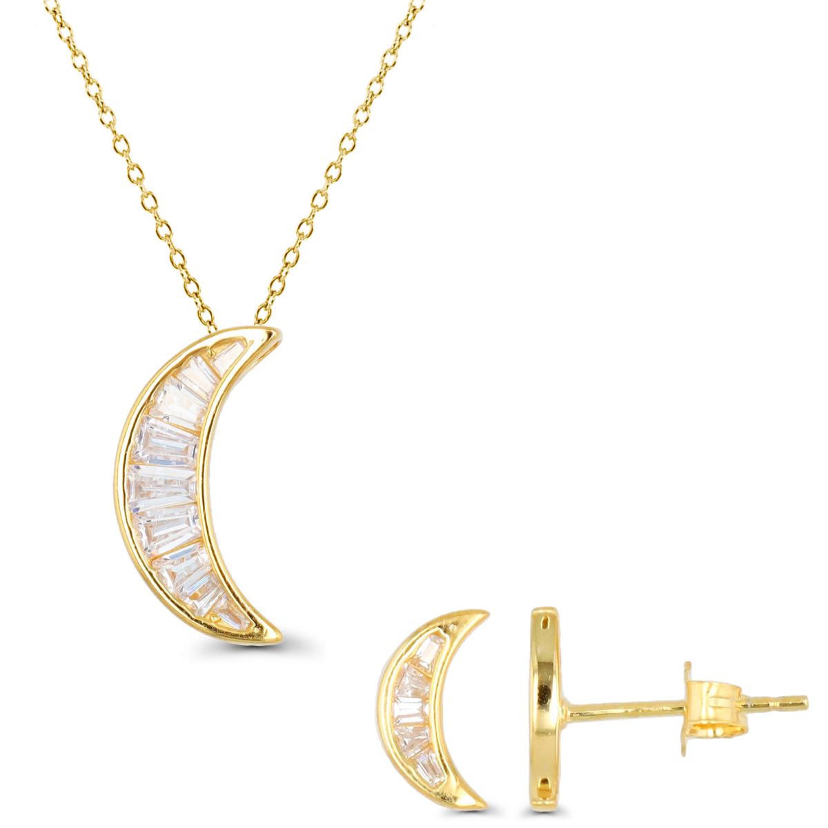 Sterling Silver Yellow 1-Micron Moon White CZ 18" Necklace & Earring Set