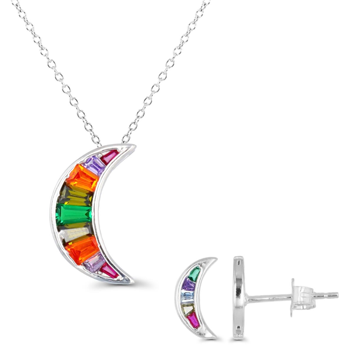 Sterling Silver Rhodium Moon Multicolor CZ 18" Necklace & Earring Set