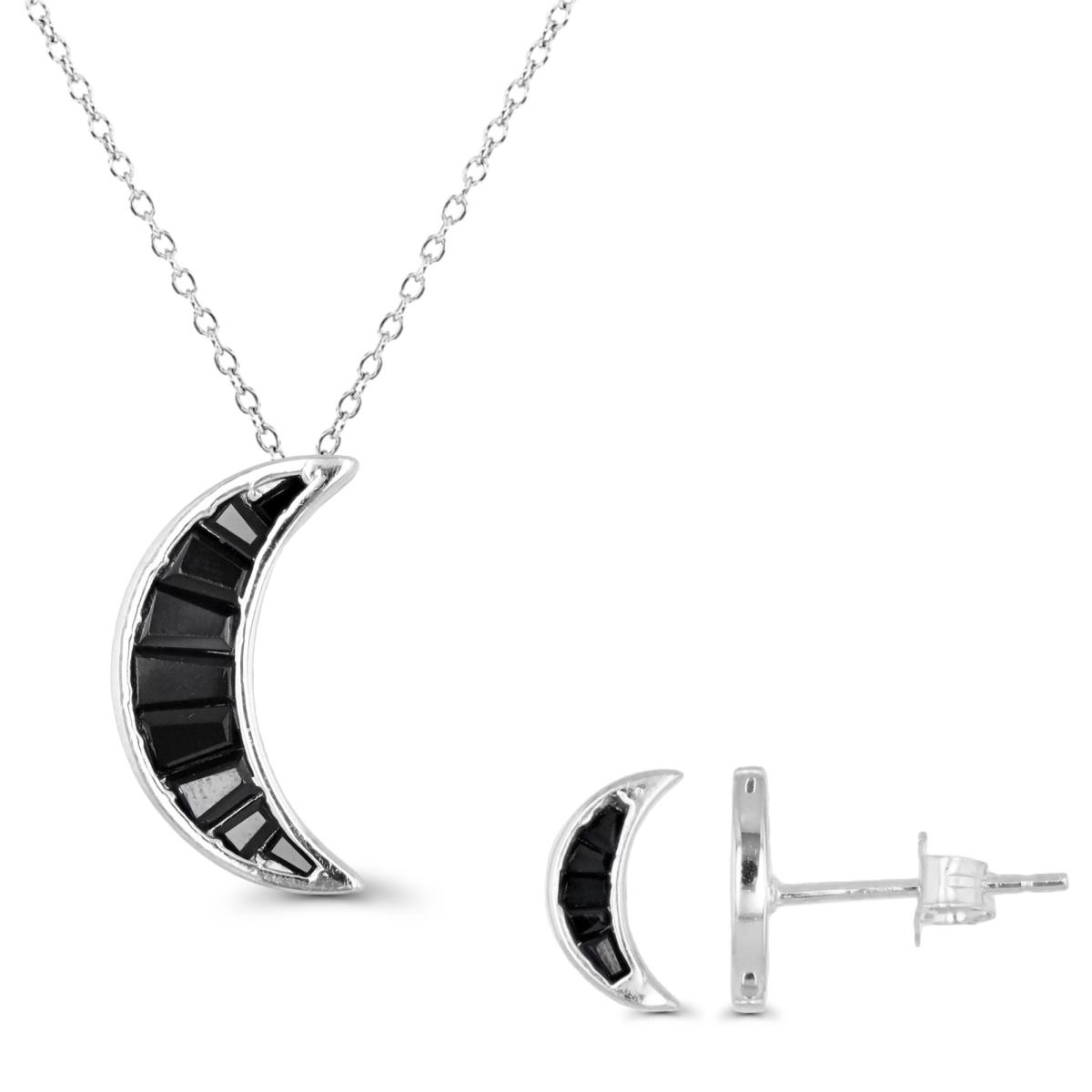Sterling Silver Rhodium Moon Black Spinel 18" Necklace & Earring Set