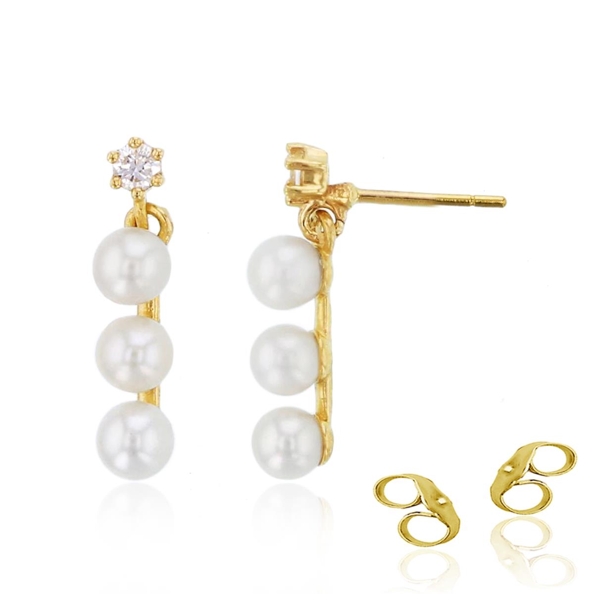 14K Yellow Gold Rnd Cr. White Sapphire & Fresh Water Pearl Dangling Earrings with 4.5mm Clutch