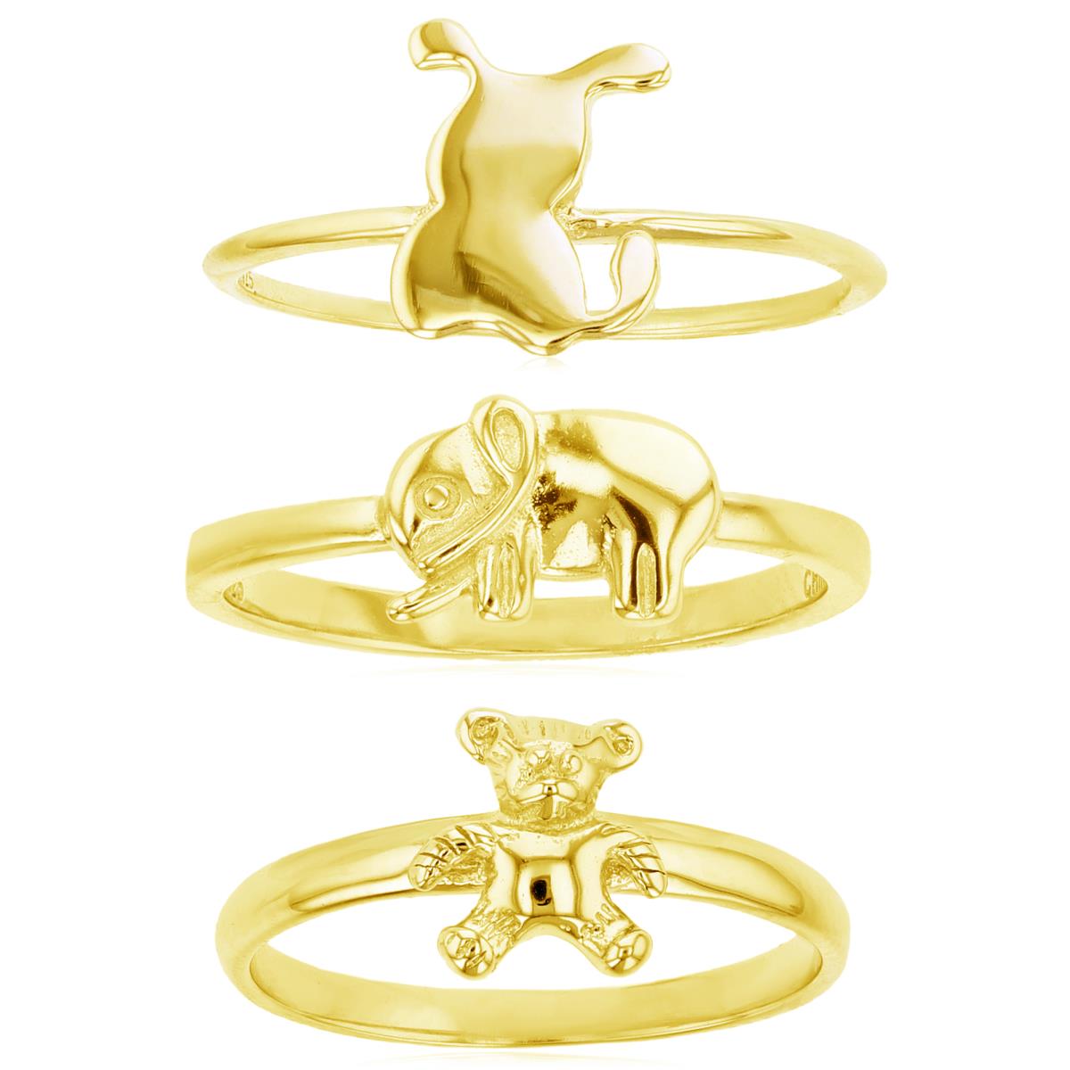 Sterling Silver Yellow Bunny, Elephant and Teddy Bear Ring Set of 3