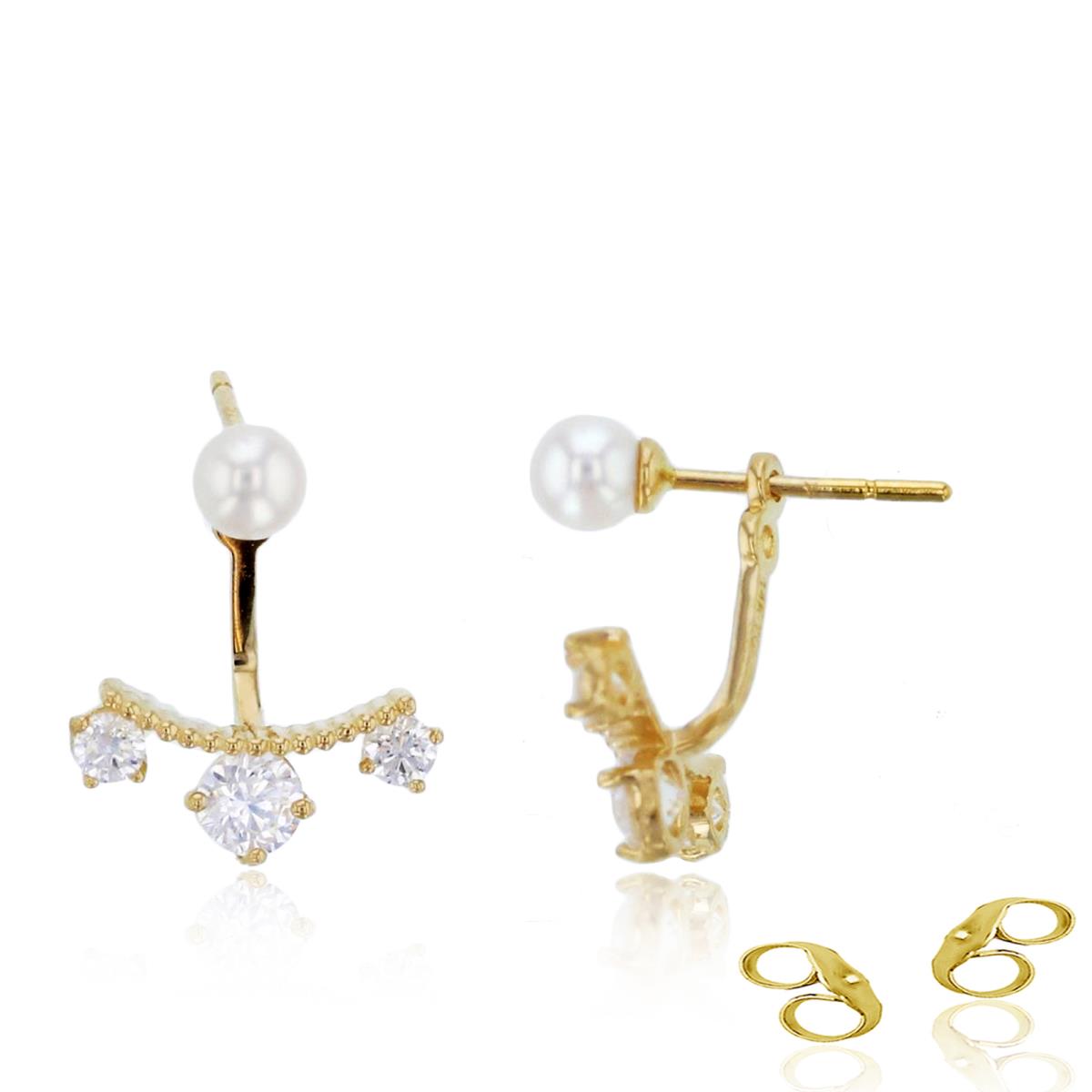 14K Yellow Gold Rnd Cr. White Sapphire & Fresh Water Pearl Crawl Earrings with 4.5mm Clutch