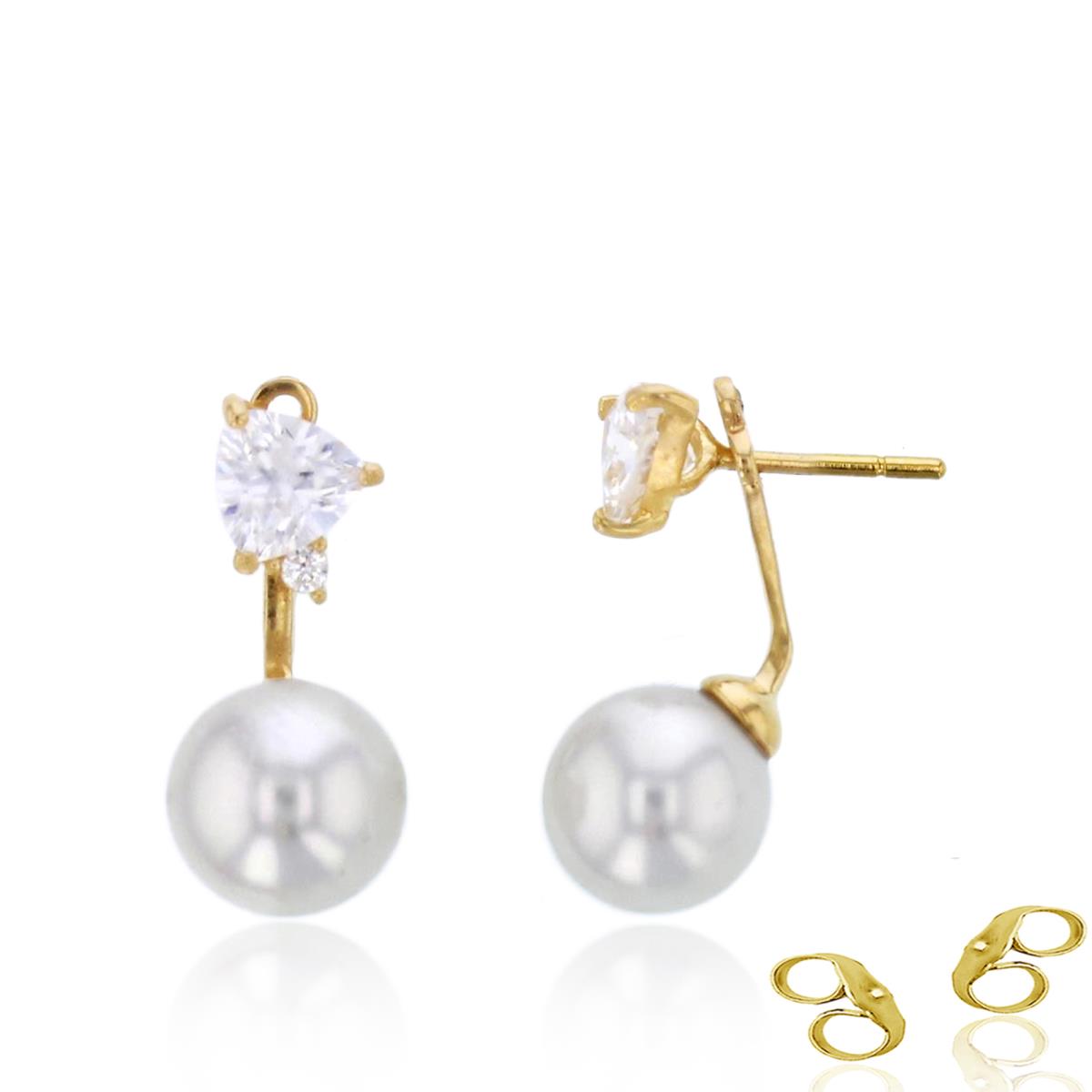 14K Yellow Gold Trill/Rnd Cr. White Sapphire & 6mm Synthetic Pearl Top/Bottom Earrings with 4.5mm Clutch