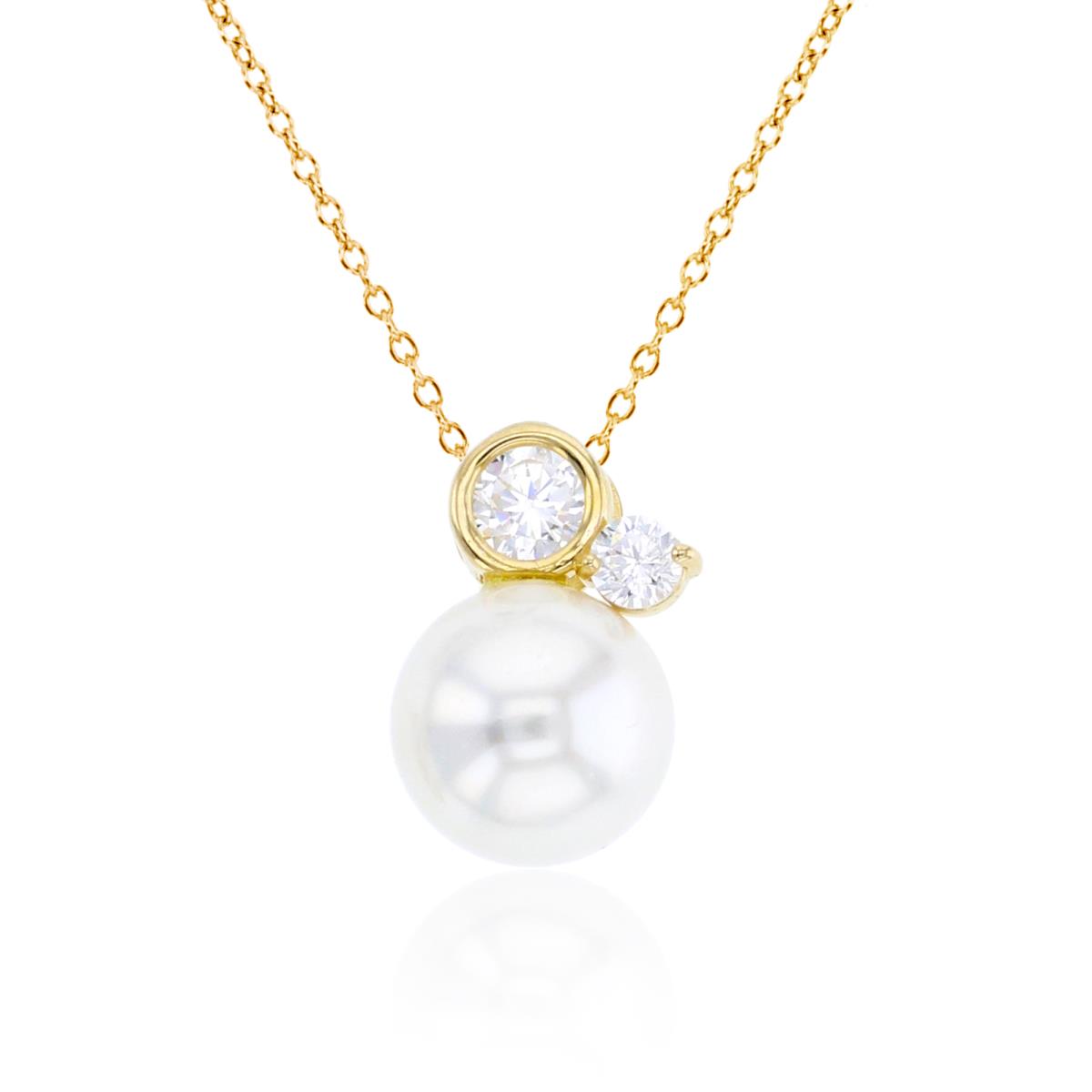 14K Yellow Gold 7mm Pearl & Rnd White Cr. White Sapphire Bezel Top 18"Necklace
