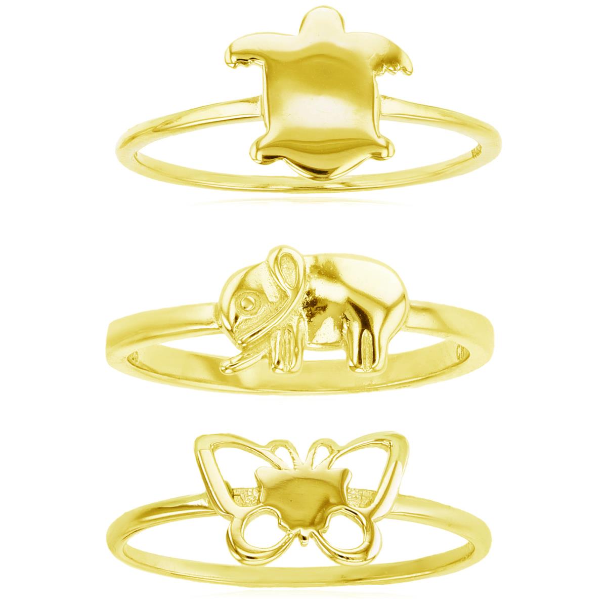 Sterling Silver Yellow Turtle, Elephant and Butterfly Ring Set of 3
