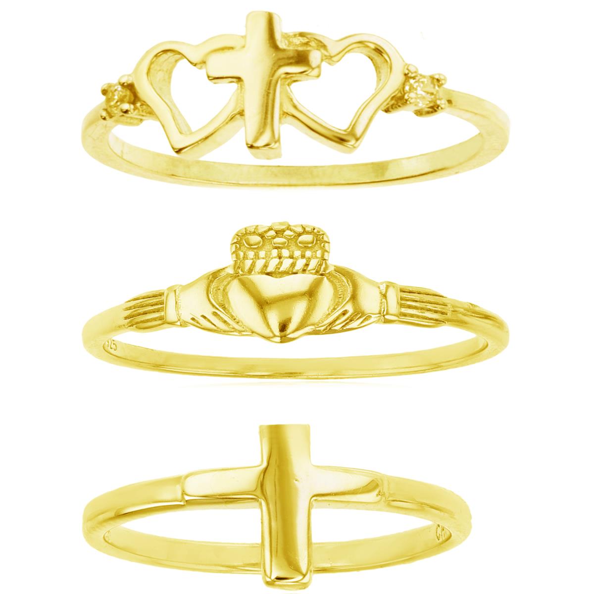 Sterling Silver  Yellow Cross Heart, Cross and Claddagh Ring Set of 3