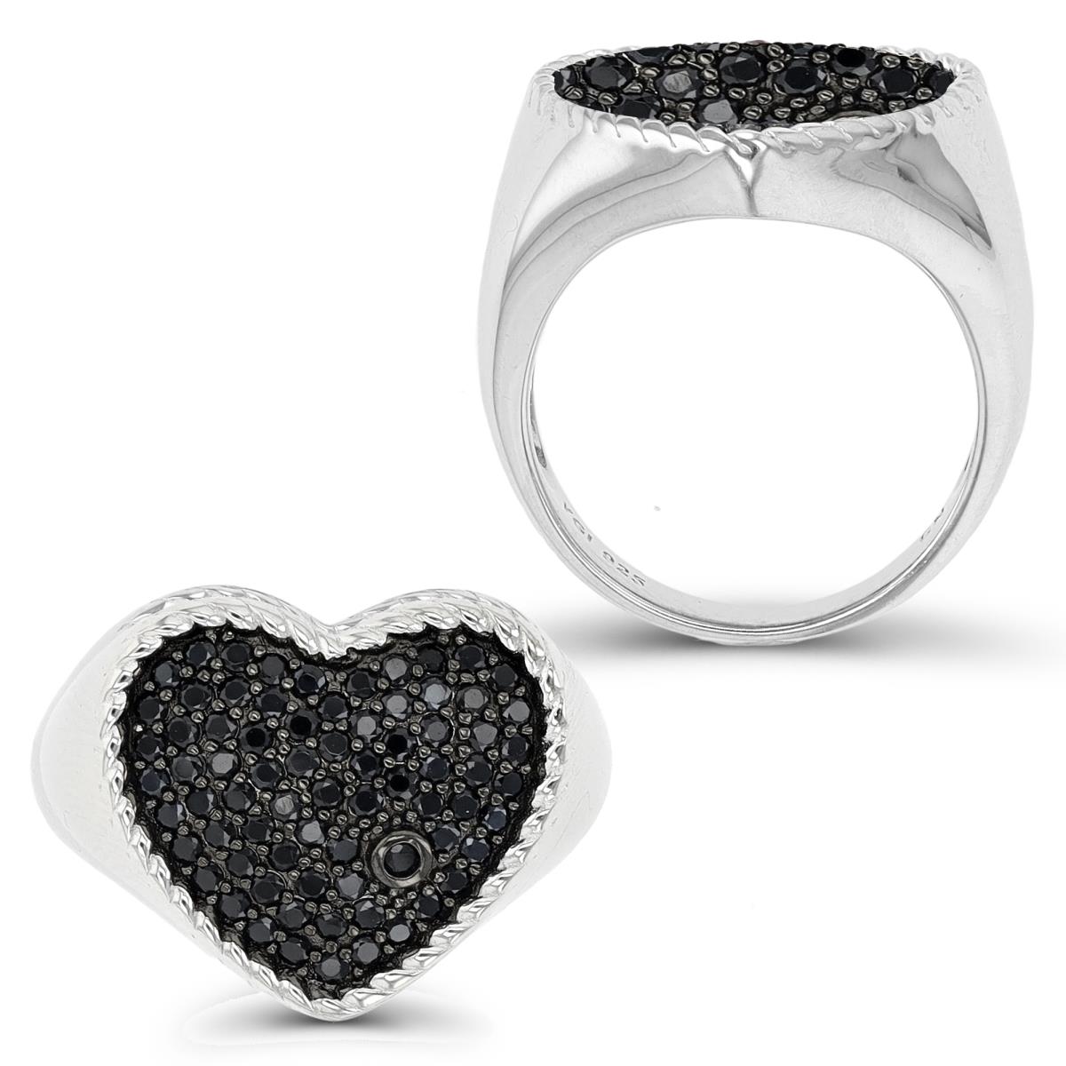 Sterling Silver Rhodium & Black 18X15mm Heart Black Spinel  Fashion Ring