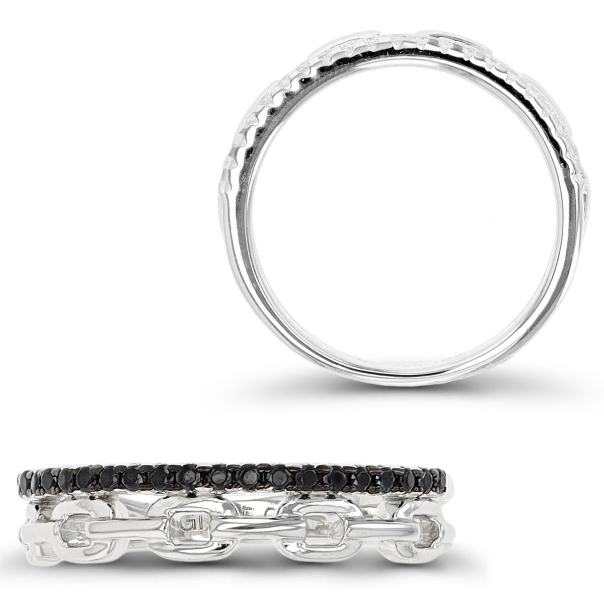 Sterling Silver Rhodium & Black 4mm Chain Black Spinel Fashion  Ring