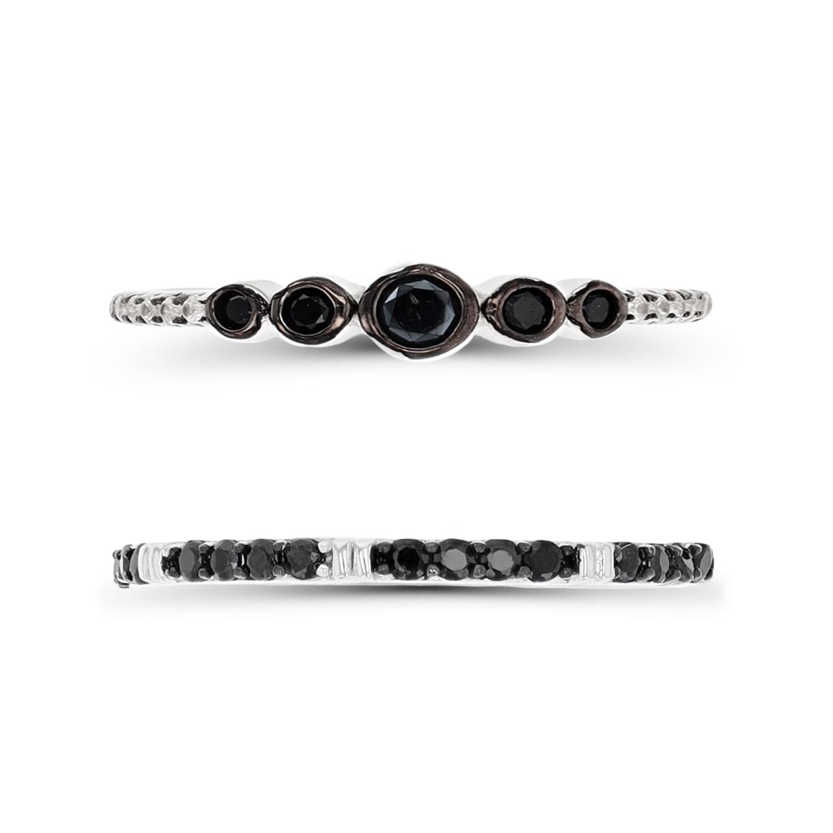 Sterling Silver Rhodium & Black Graduated Bezel and Thin Band Ring Set of 2