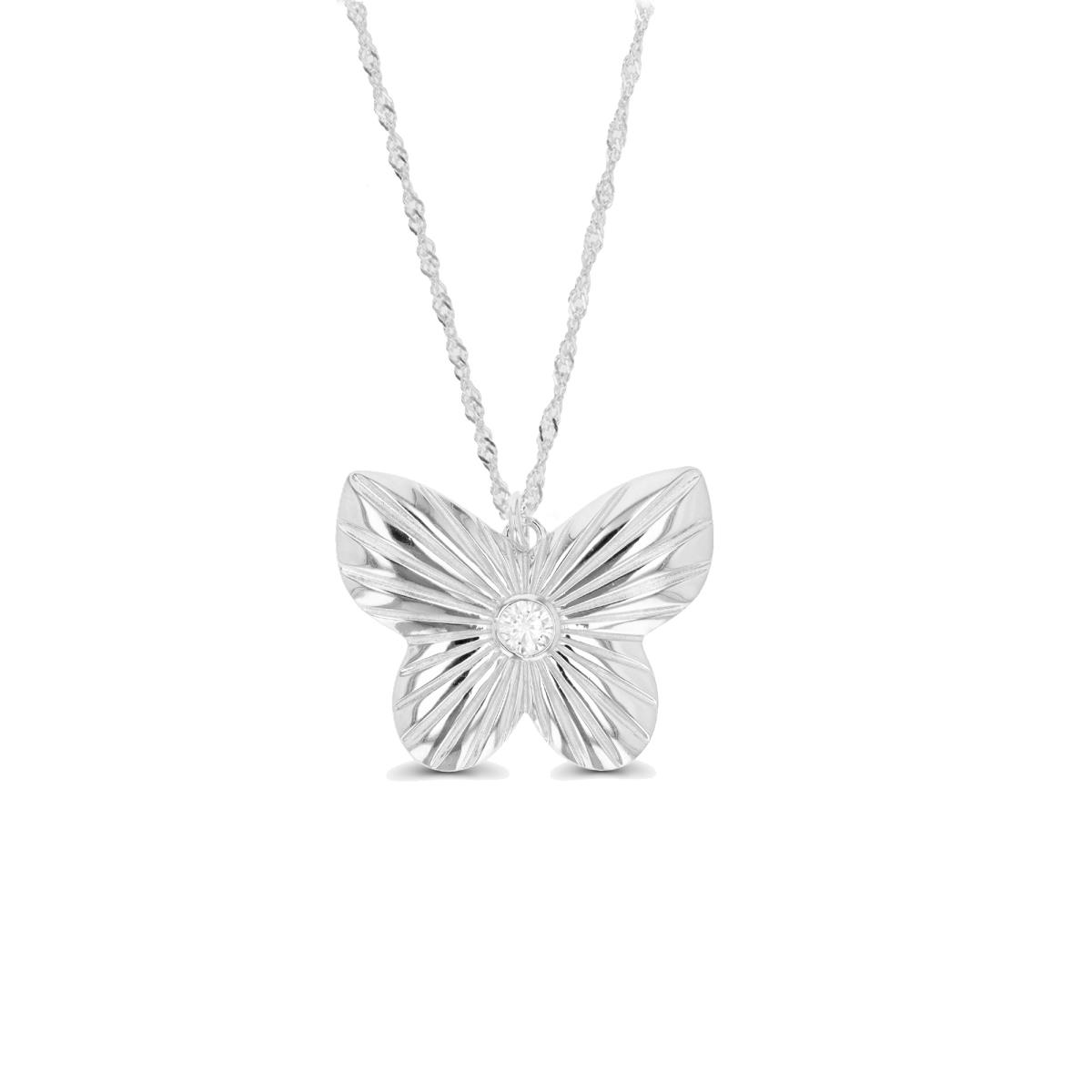 Sterling Silver Rhodium 31X24.5MM Butterfly Solitaire Bezel White CZ 18+2" Singapore Necklace
