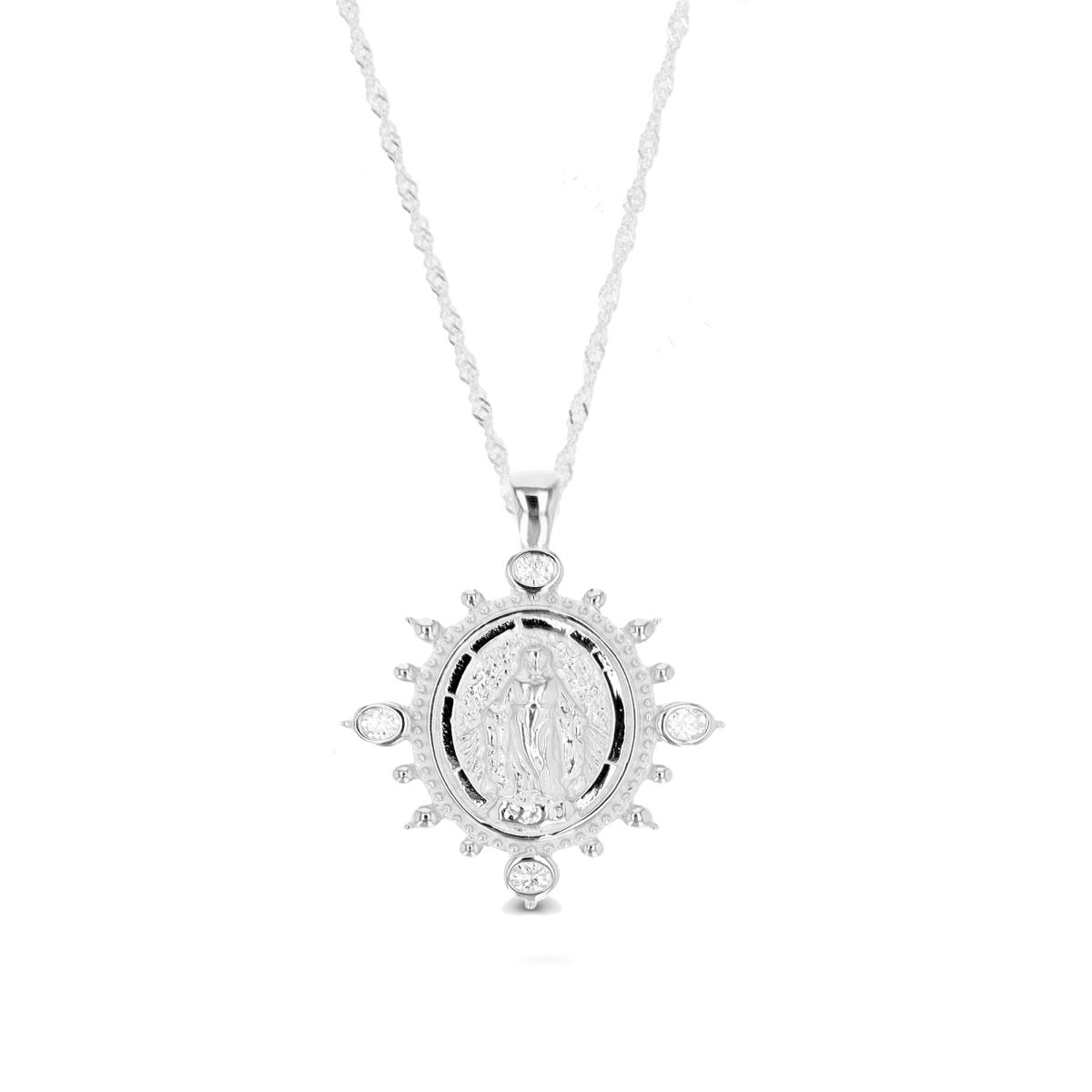 Sterling Silver Rhodium 29X20MM Virgin Mary White CZ 18+2" Singapore Necklace