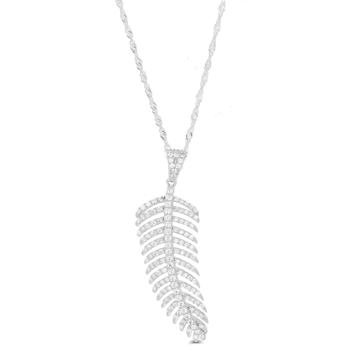 Sterling Silver Rhodium 43X12.5MM Leaf White CZ 18+2" Singapore Necklace