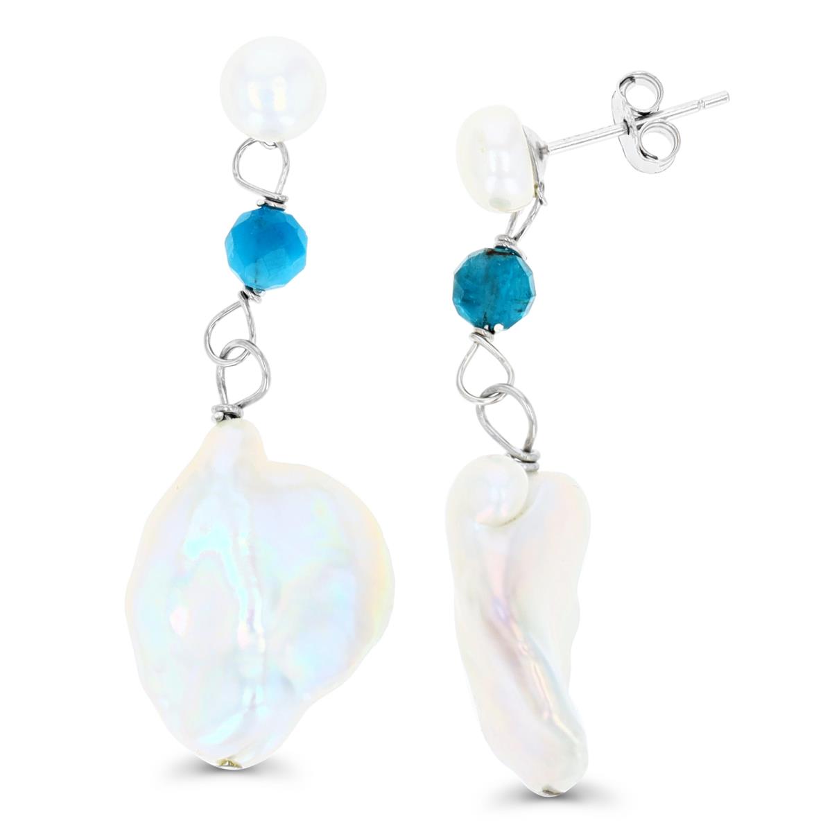 Sterling Silver Rhodium Irregular Shaped Pearl & Blue Apatite Dangling Earring