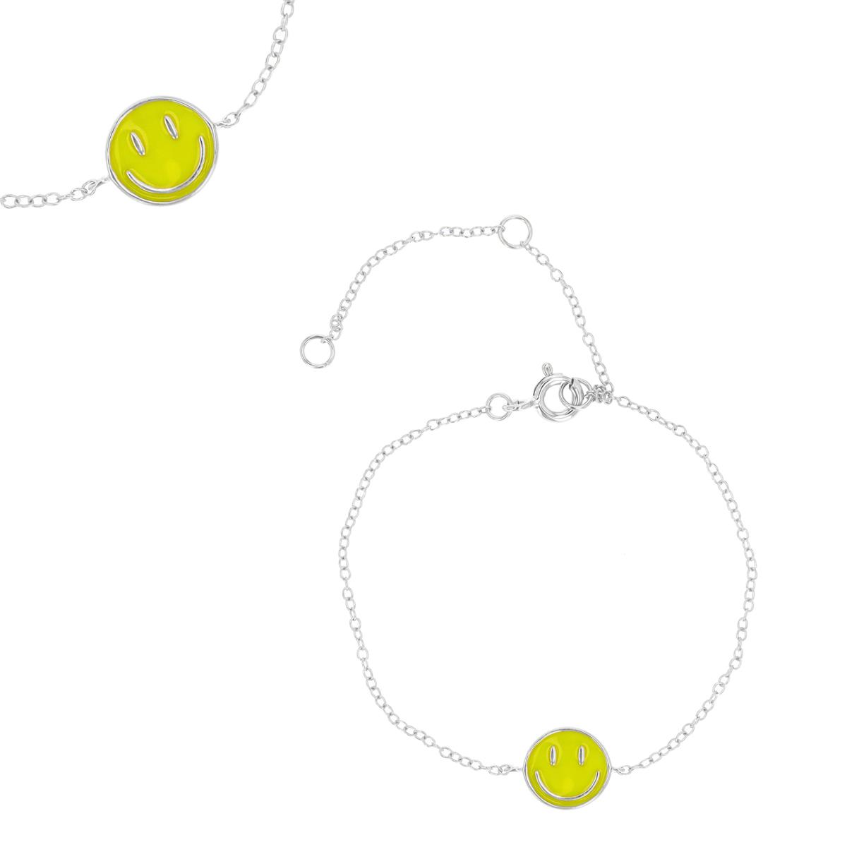 Sterling Silver Rhodium 8.5MM Emoji Happy Face Round Yellow Enamel 5+1+1" Bracelet