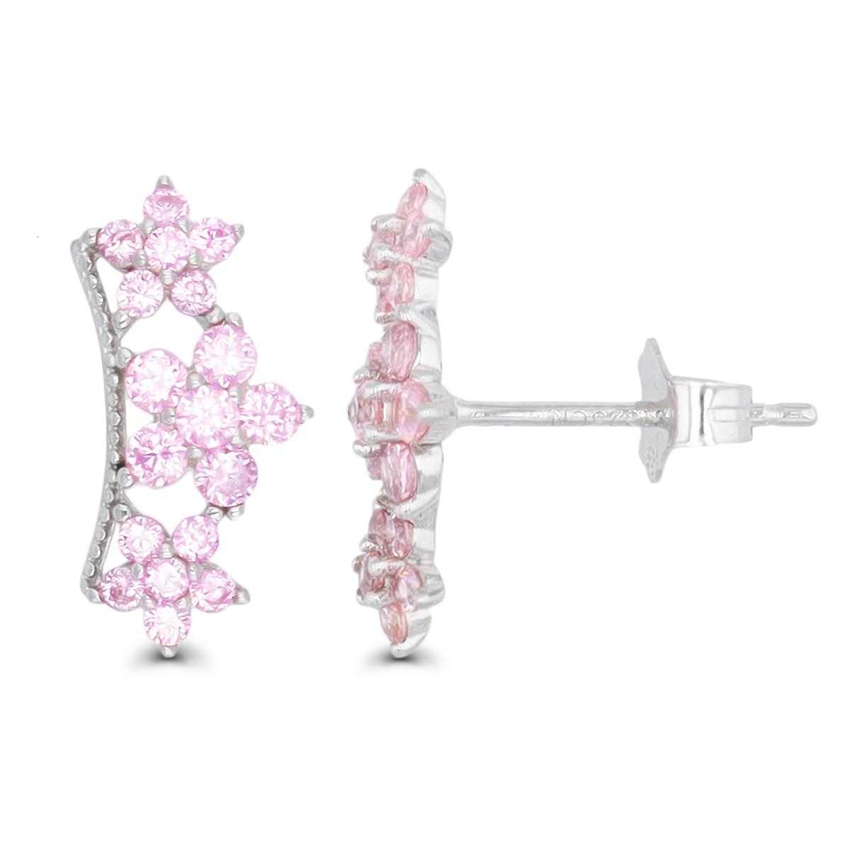 Sterling Silver Rhodium 12.5X5.2MM Floral Crown Pink CZ Stud Earring