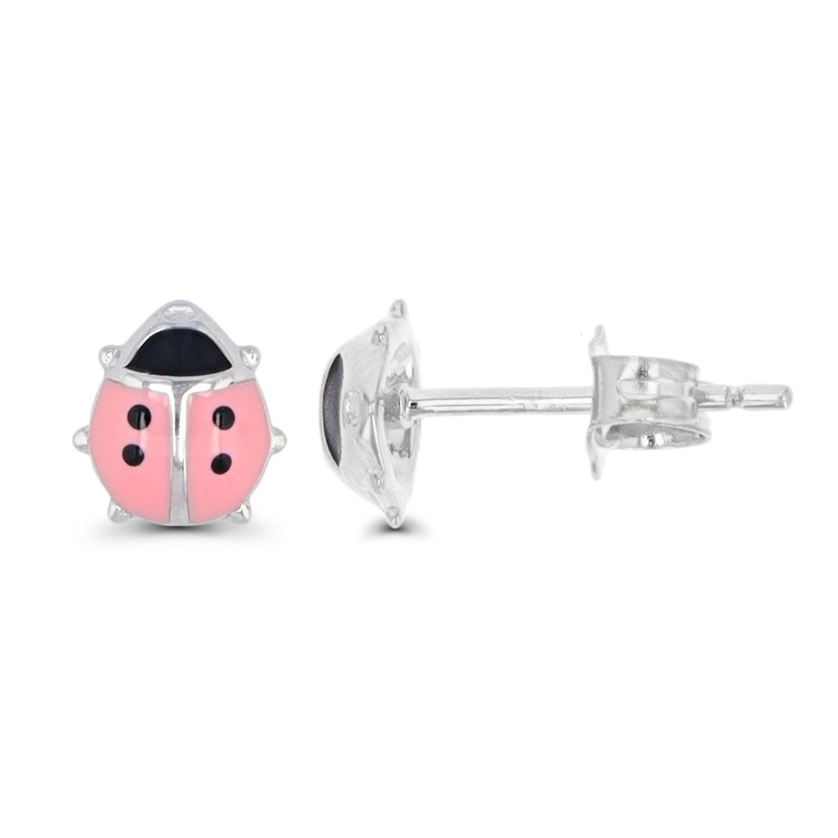 Sterling Silver Rhodium 6X7.3MM Pink & Black Enamel  Ladybug Stud Earring