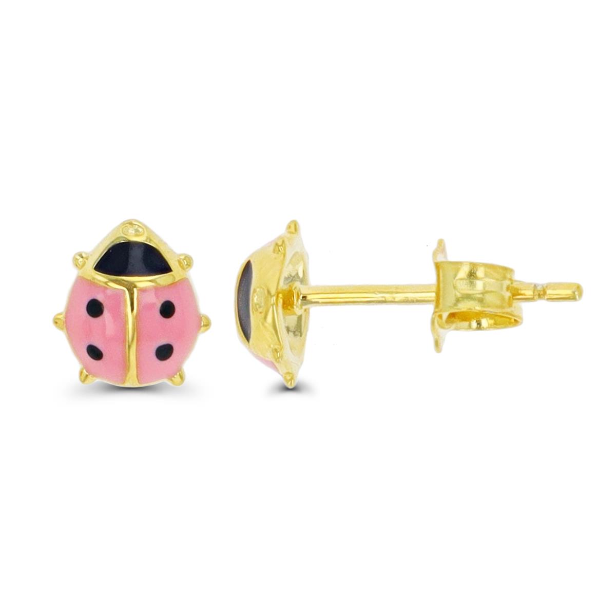 Sterling Silver Yellow 1 Micron  6X7.3MM Pink & Black Enamel  Ladybug Stud Earring