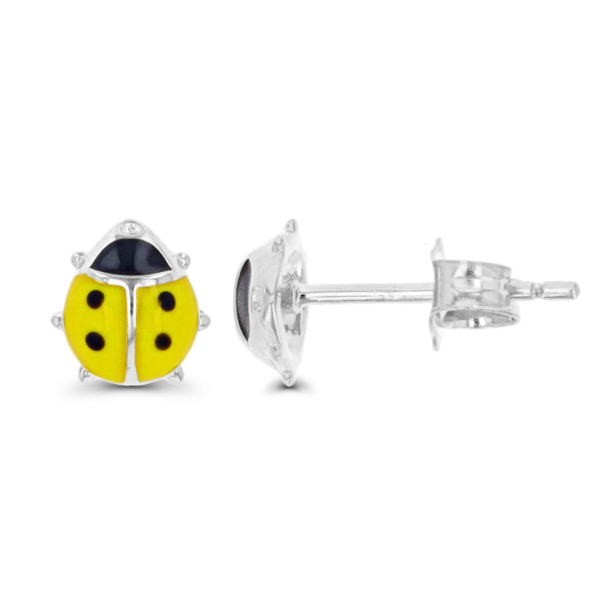 Sterling Silver Rhodium 6X7.3MM Yellow & Black  Ladybug Enamel Stud Earring