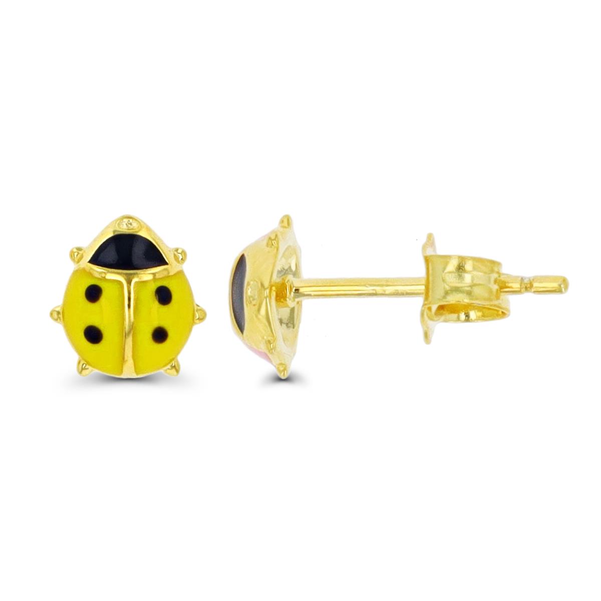 Sterling Silver Yellow 1 Micron 6X7.3MM Yellow & Black  Ladybug Enamel Stud Earring