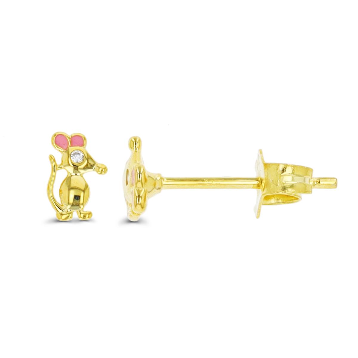 Sterling Silver Yellow 1 Micron 8.4X5.2MM Solitaire CZ Pink Enamel Mouse Stud Earring